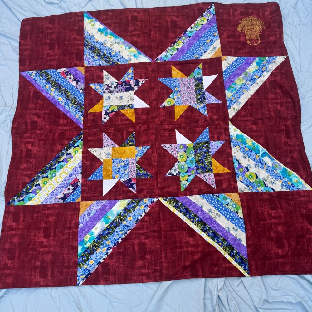 Vintage Handmade Star Patchwork Quilt Burgundy Floral Mason Jar Embroidery 60x60